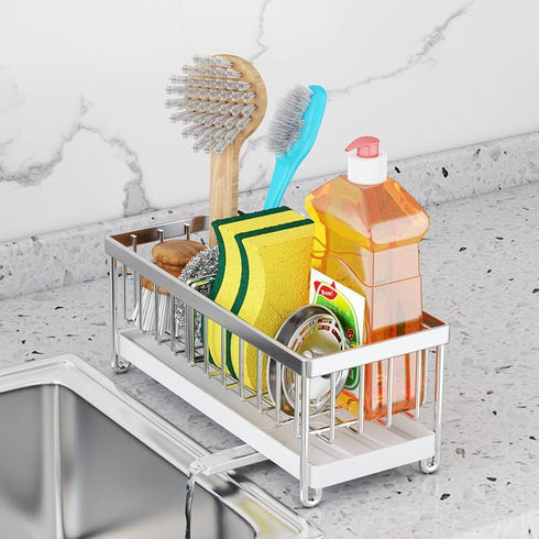 Kitchen Sink Caddy Sponge Holder Sink Caddy Organizer, 304 Stainless Steel Holder for Sink,Countertop with Removable Drain Tray with Diversion Dra...