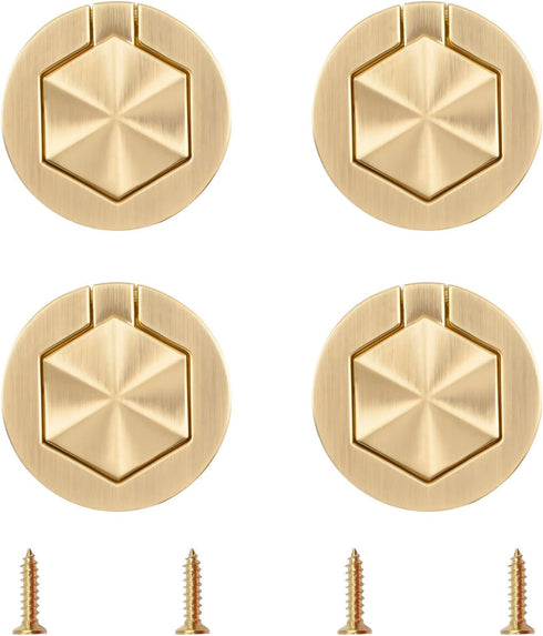 4Pcs Hexagon Pocket Doors Drawer Handle Flush Ring Pull, Zinc Alloy Gold Knobs Hidden Concealed Furniture Handle for Cabinets, Closets, Drawers...