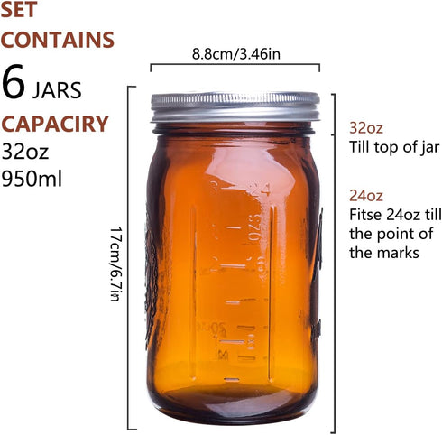 eleganttime Amber Glass Mason Jars 32 oz Wide Mouth with Airtight Lids and Bands 6 Pack Large Glass Canning Mason Jars Quart,Great for Canning Jar...