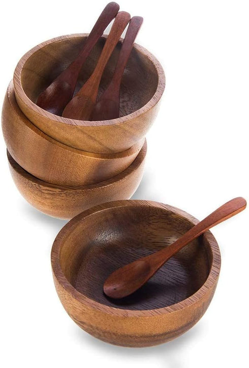 Set of 4 Small Round Acacia Wooden Bowls 2¾ Inch Diameter 1½" High With Spoons - Stackable Mixing Bowl Salad Soup Snack Dip Sauce Charcuterie Wood...