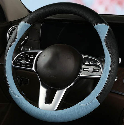 Fashion Cat Ear Leather Steering Wheel Cover Women Girl 15"(38cm) Universal Fit Auto D Shaped Leather Steering Wheel Covers (O Shape,Black&Blue)...