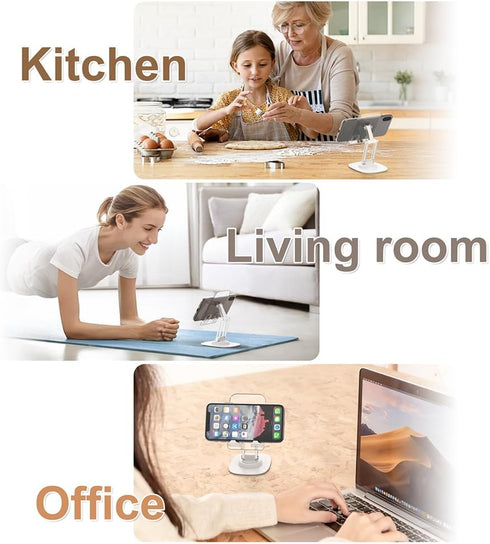 Phone Stand, Acrylic Phone Stand for Desk 360-Degree Rotation Cell Phone Holder with Sturdy Metal Base, Aluminum alloy arm, Compatible Most Phones...