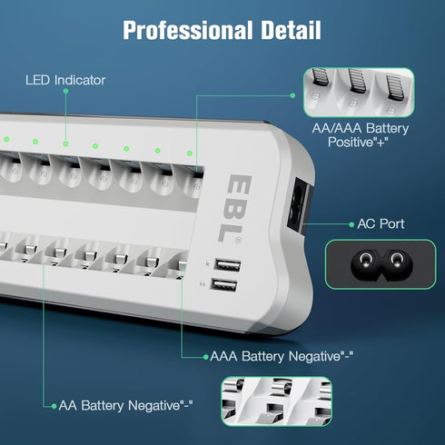 EBL 2300mAh Ni-MH AA Rechargeable Batteries (16 Pack) and Rechargeable AA AAA Battery Charger with 2 USB Charging Ports...