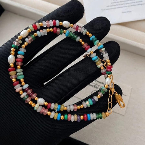 Colorful Beaded Gemstone Neckelace for Women Natural Stone Freshwater Pearl Necklace Colorful Rainbow Boho Bead Choker Necklace Charm Jewelry...