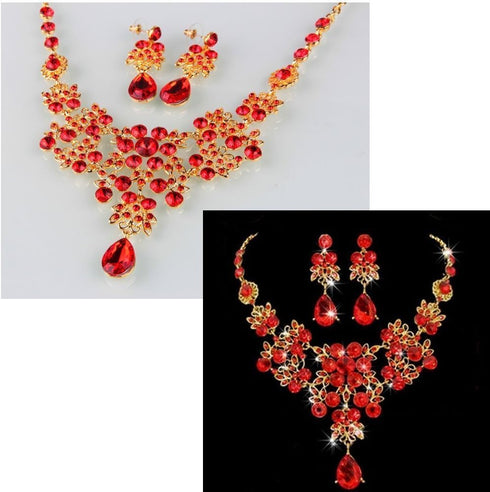 Silver Red Alloy Rhinestone Earrings Crystal Pendant Necklace Bridal Jewelry Set...