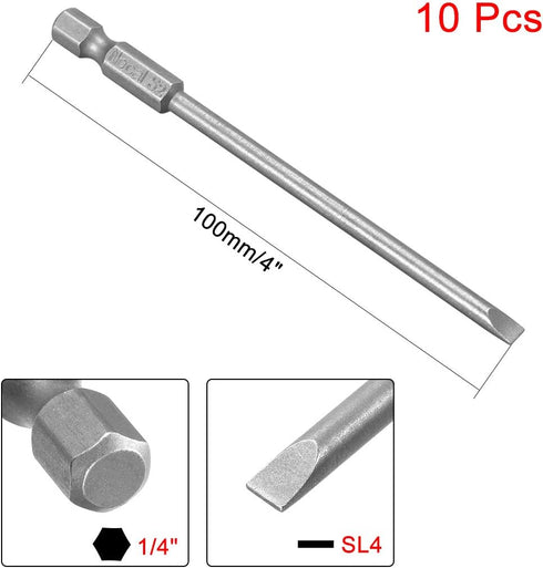 uxcell 10 Pcs 4mm Slotted Tip Magnetic Flat Head Screwdriver Bits, 1/4 Inch Hex Shank 4-inch Length S2 Power Tool...