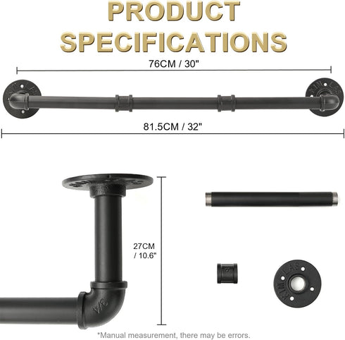 Industrial Pipe Clothing Rack, 30'' Wall Mounted Clothes Garment Rack , Black Iron Pipe Clothes Hanging Bar, Heavy Duty Metal Hanging Rod for Reta...