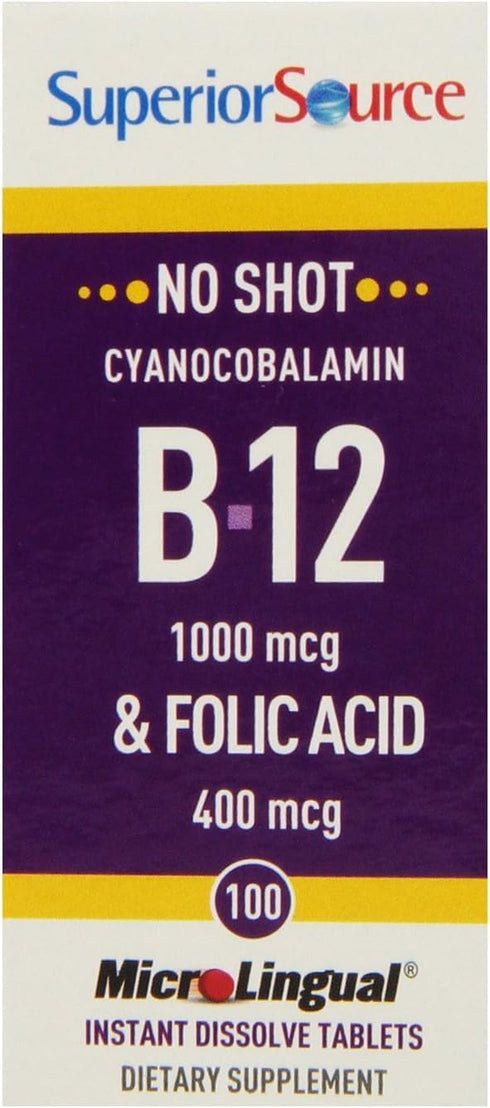 Superior Source No Shot Vitamin B12 Cyanocobalamin (1000 mcg), Folic Acid (400 mcg), Quick Dissolve MicroLingual Tablets, 100 Ct, Increase Energy,...