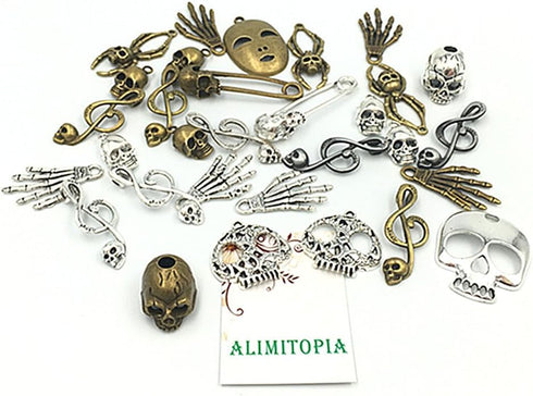 ALIMITOPIA 100 Grams Assorted Skull Skeleton Bone Punk Steampunk Charm Pendant Connector for DIY Necklace Bracelet Jewelry Making Findings...