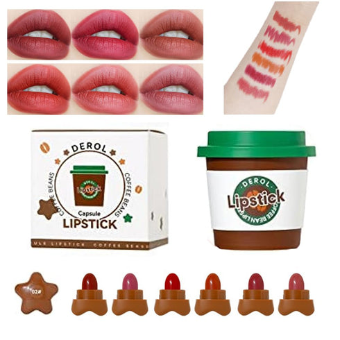 Mini Star Lipstick Set, 6Pcs Cute Long Lasting Matte Lipstick Set, Portable Caramel Color Velvet Lipsticks with Coffee Cup, Suitable for Various M...