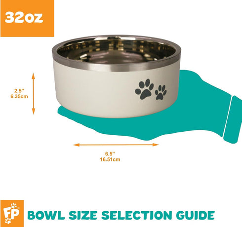 Stainless Steel Double-Wall Insulated Non-Slip for Dog, Cat, Pet Food and Water Bowl | Buttermilk 32 oz. (PN: DWB-BM-32)...