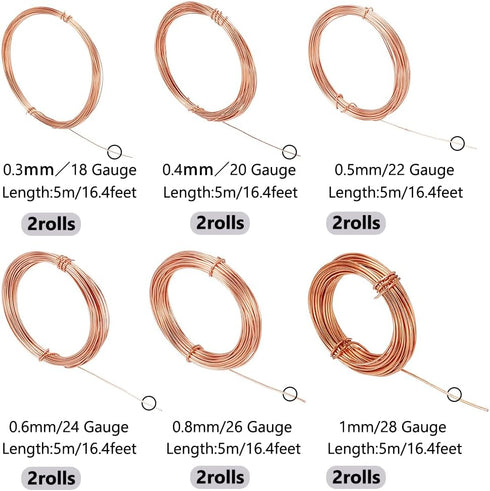 BENECREAT 12 Rolls 196 Feet Dead Soft Copper Wire, 18/20/22/24/26/28 Gauge Solid Bare Copper Wire for Jewelry Making, Gem Wrapping...