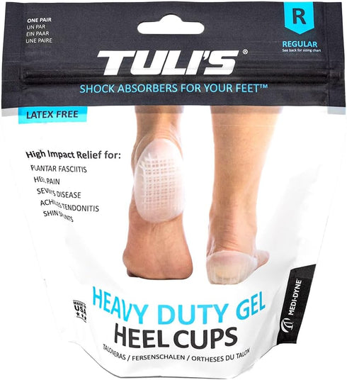 Tuli's Heavy Duty Gel Heel Cups, Cushion Insert for Shock Absorption, Plantar Fasciitis, Sever’s Disease and Heel Pain Relief, Made in USA, Regula...