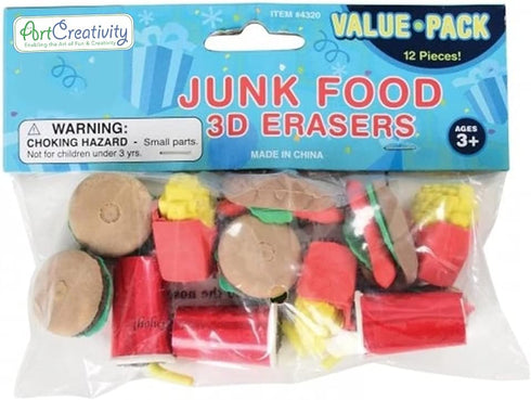 ArtCreativity Pull Apart 3D Junk Food Erasers, Set of 12, Mini Assorted Food Erasers for Kids, Back to School Supplies for Boys and Girls, Birthda...