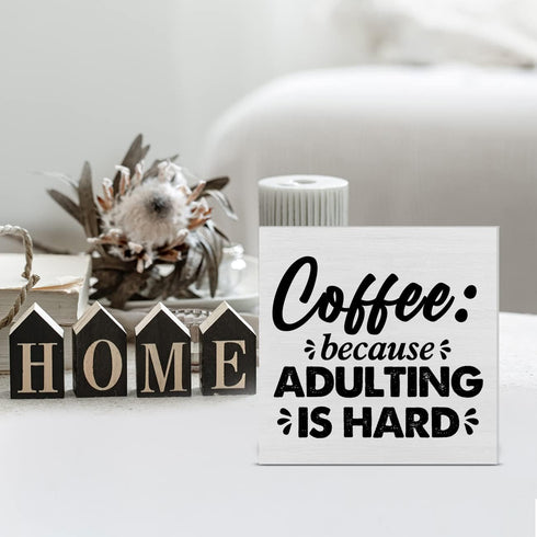 Coffee Wood Box Sign Desk Decor Farmhouse Coffee Because Adulting is Hard Wood Block Sign Decor for Home Kitchen Office Shelf Wall...