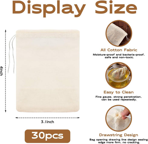 Spice Bags for Cooking, 30PCS Natural Unbleached Cotton Drawstring Cheese Cloth Bags, Sachets Bags, Strainer Tea Filter Bags, Herbs Bags for Home ...