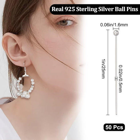Beebeecraft 1 Box 50Pcs Ball Head Pins 925 Sterling Silver Ball Eye Pins 25mm Jewelry Making Findings for Charm Beads DIY Making...