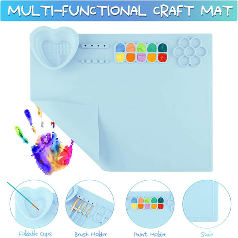 Silicone Painting Mat for Crafts Kids: Silicone Painting Station Pad with Cup and Paint Brush Holder Palette, 20"x16" Paint Tray Palette Craft Mat...