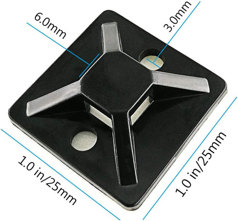 HS Cable Tie Mounts Self Adhesive with Screw Hole Zip Wire Tie Mounting Base Holder (100 Pack) Squares 1x1 Inch,Black...