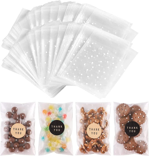 200PACK Self Sealing Cellophane Treat Bags Clear Cookie Bags for Gift Giving with Stickers(White Polka Dot, 4X6INCH)...