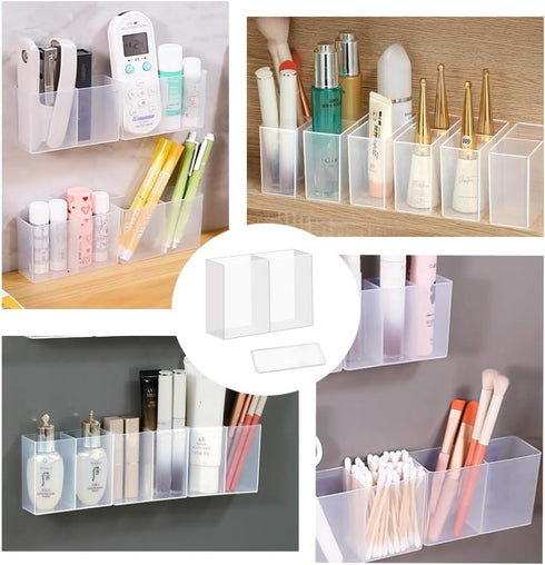 4PCS medium Wall Mount Storage Box, 4 Compartment Transparent Plastic Makeup Brush Lipstick Holder Self-Adhesive Pen Holder Makeup...