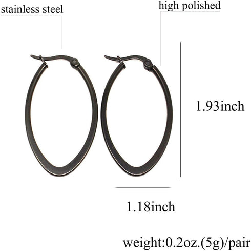 Stainless Steel Gold Thin and Flat Big Large Oval Spring loaded Hoop Earrings-black...