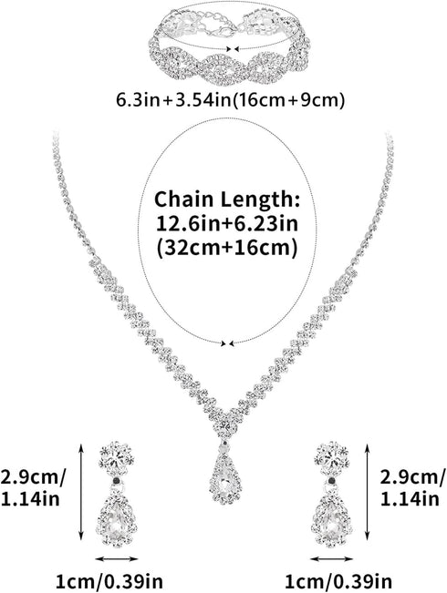 Women Crystal Necklace Earrings Bracelets Set Wedding Rhinestones Necklaces Rhinestone Teardrop Pendant Earrings Shiny Bracelet Jewelry for Brides...