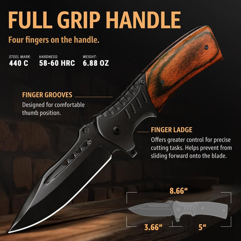 Spring Assisted Knife - 3.66" Sharp Blade - Tactical Pocket Knife for Men with Wood Handle Glass Breaker & Clip - Best Folding Knives for EDC Camp...