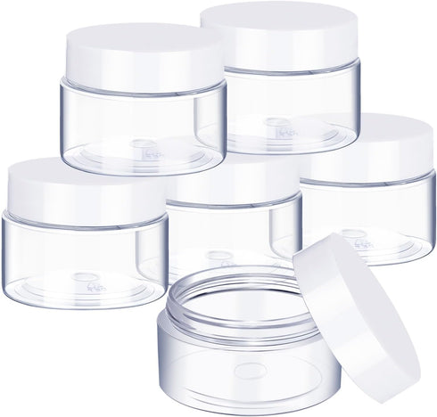6 Pack 2 oz Plastic Pot Jars Round Clear Leak Proof Plastic Cosmetic Container Jars with White Lids for Travel Storage Make Up, Eye Shadow, Nails,...