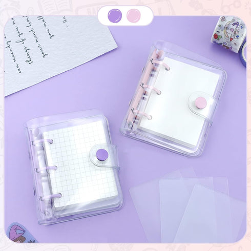 2 Pack Mini Transparent 3 Ring Binder Covers with Binder Inner Paper and Pockets, Clear Soft PVC Notebook Closure Loose Leaf Folder with Snap Butt...