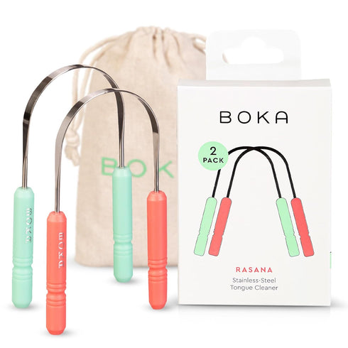 Boka Tongue Scraper for Adults & Kids with Case - Stainless Steel Tongue Cleaner w/Linen Travel Pouch - Scrubber to Remove Tongue Buildup and Fres...