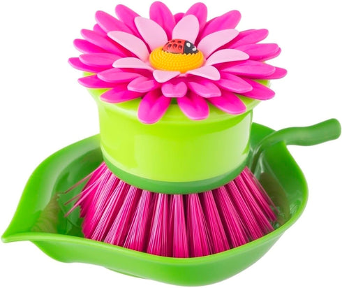 Vigar Flower Power Pink Palm Dish Brush with Holder, 5-3/4-Inches by 3-3/4-Inches, Pink, Green...