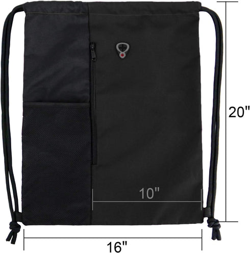 BeeGreen Black Drawstring Backpack Gym Bag For Men Women String Sports Backpack With Water Bottle Mesh Pockets And 2 Zippered Pocket Large Cinch S...