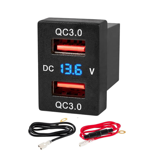Anina Dual USB Charger Port for Toyota, 12V/24V 18W Quick Charger Socket Adapter with Digital Voltmeter Blue LED Light, QC USB 3.0 Square Car Fast...