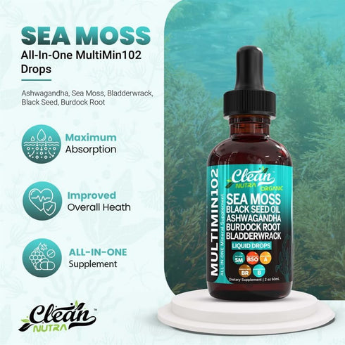 Clean Nutraceuticals Sea Moss Liquid Drops Supplement with Black Seed Oil Ashwagandha Burdock Root & Bladderwrack - Multimineral Organic Non-GMO V...