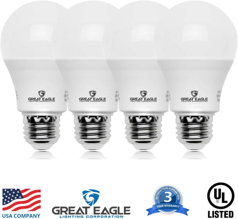 Great Eagle A19 LED Light Bulb, 9W (60W Equivalent), UL Listed, 2700K Warm White, dimmable, Standard Replacement (4 Pack)...