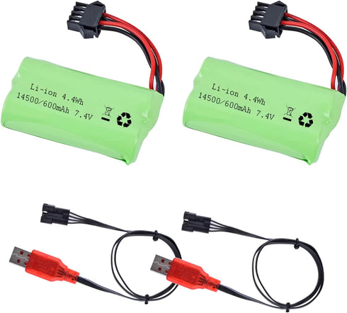 7.4V Li-ion Battery 600mAh 2S Rechargeable Lithium Battery with SM-4P Plug and USB Battery Charger Cable 2Pack......