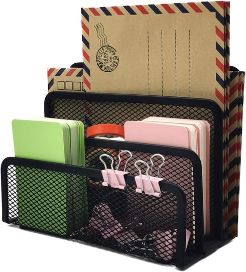 EASEPRES Desk Mail Organizer, Easepres Office Small Letter Sorter Desktop File Organizer Metal Mesh with 3 Vertical Upright Compartments, 1 Pack...