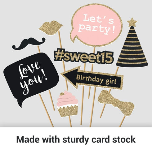 Fully Assembled Sweet 16 Birthday Photo Booth Props - Set of 30 - Pink & Gold Selfie Signs - 16th Party Supplies & Decorations - Cute 16th Bday De...