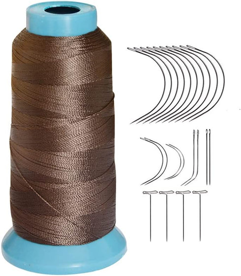 YANTAISIYU Dark Brown Polyester Sewing Thread, 1500 Yards, 210D Strength, with 12pcs C Type Needles, for Wigs, Hair Extensions, DIY Sewing, Leathe...
