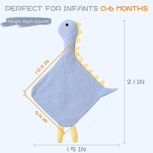Organic Cotton Lovey Dinosaur Security Blanket 21 x 15” Soft Breathable Muslin Fabric for Baby Boy Comfortable Sleep for Newborns Toddlers (Blue)...