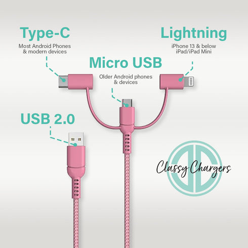 Classy Chargers Universal 3-in-1 Nylon Charging Cables for iPhone, Android, and More | 6ft Certified Lightning Cable, Type C, Micro USB | Compatib...