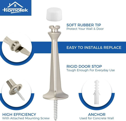 HOMOTEK 3 Pack Heavy Duty Solid Rigid Door Stop with Soft Rubber Tip, Zinc Die Cast Door Stopper Protect Wall & Door, Satin Nickel...