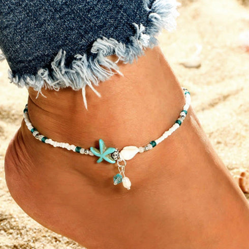 Boho Starfish Anklets Blue Ankle Bracelets Pearl Anklet Chain Beach Foot Jewelry for Women...