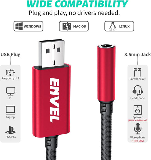 ENVEL USB to 3.5mm Jack Audio Adapter,USB to AUX,External Stereo Sound Card for PS4/PS5/PC/Laptop, Headphone Adapter with Built-in Chip TRRS 4-Pol...
