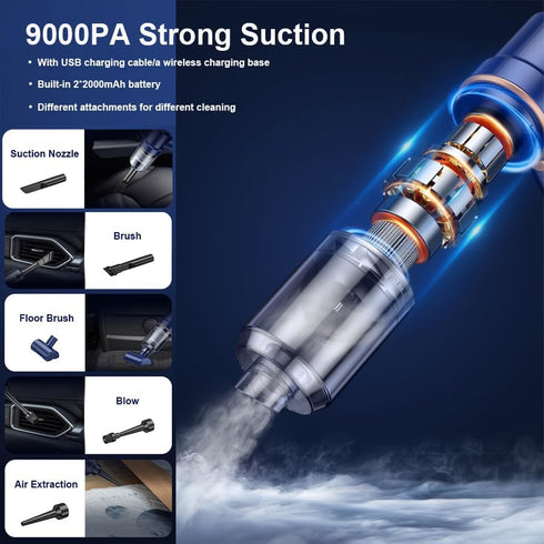 Handheld Vacuum Cordless, 9000PA Car Vacuum with LED Light, Portable Car Vacuum Cleaner, Mini Hand Vacuum with Low Noise for Car, Home, Office(Blu...