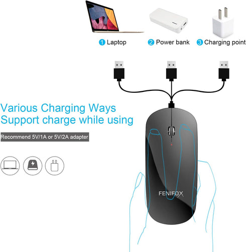 FENIFOX Bluetooth Mouse Slim Mini Whisper-Quiet Flat Portable Wireless Mice Rechargeable Compatible with Laptop,PC,Tablet Android Windows XP(Black...