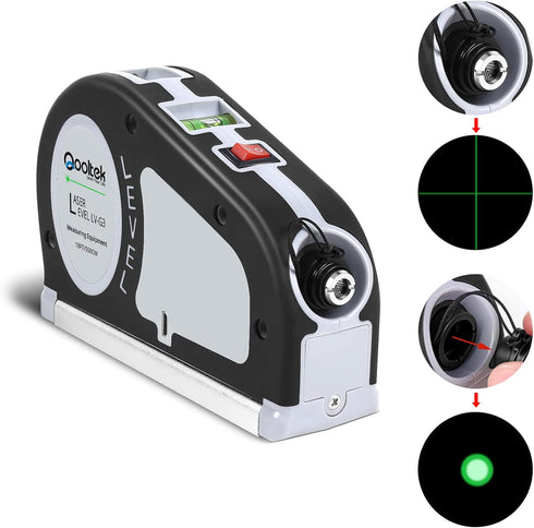 Green Laser Level, Qooltek Rechargeable Multipurpose Cross Line Laser Tool with Vertical and Horizontal Line 18FT/5.5M Measuring Tape...