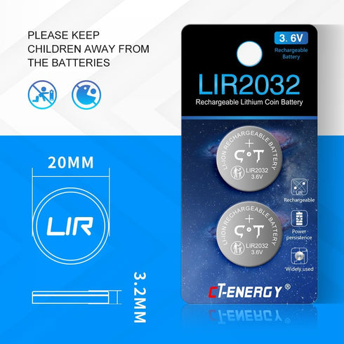 Rechargeable LIR2032 Batteries 3.6V Lithium Ion Button Coin Cell Batteries 2PCS AirTag Key Fobs Watch Battery Replacing...