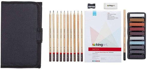 KINGART 140 DRAWING & SKETCHING 25 pc. TRAVEL SET, Graphite, and Charcoal Pencils & Pastels plus Supplies, Art Drawing Kit for Adults, Teens, Begi...